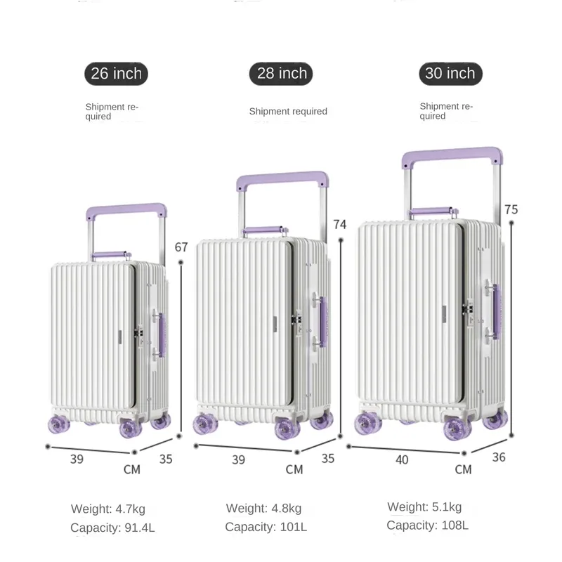 nouveau bagage 20 pouces valise à main ouverture latérale valise de voyage cadre en aluminium boîtier de chariot 30 pouces bagages de grande capacité