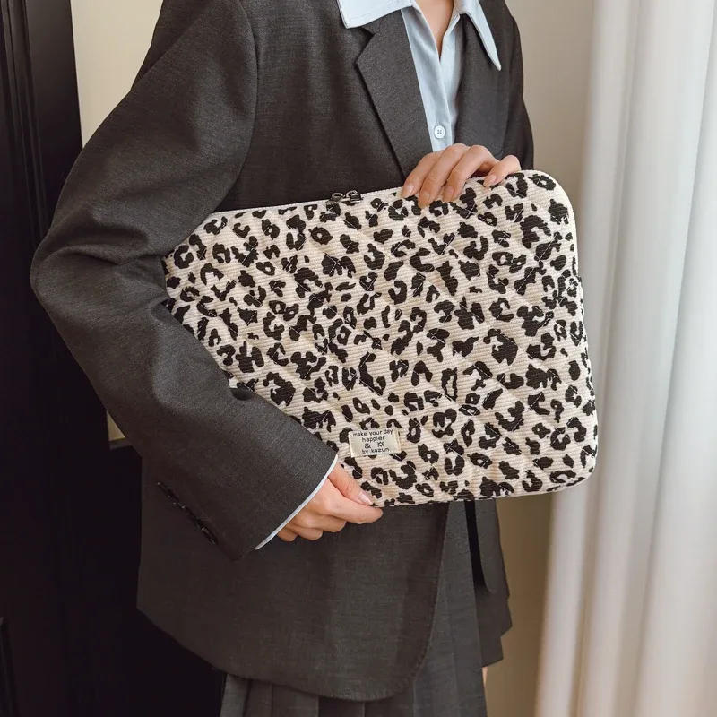 sac de rangement pour ordinateur portable en velours côtelé, léger et décontracté, imprimé léopard, décoration, 11/13/15 pouces, adapté au déplacement quotidien