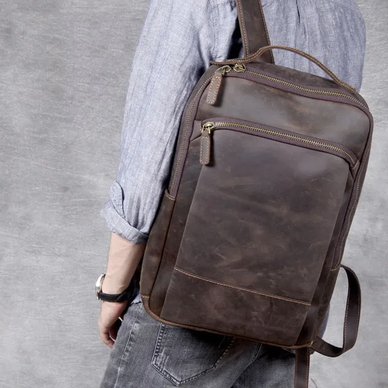 vintage hommes crazy horse cuir sac à dos en cuir véritable rétro sac à dos grand classique voyage sac à dos grand ordinateur portable sac d'ordinateur