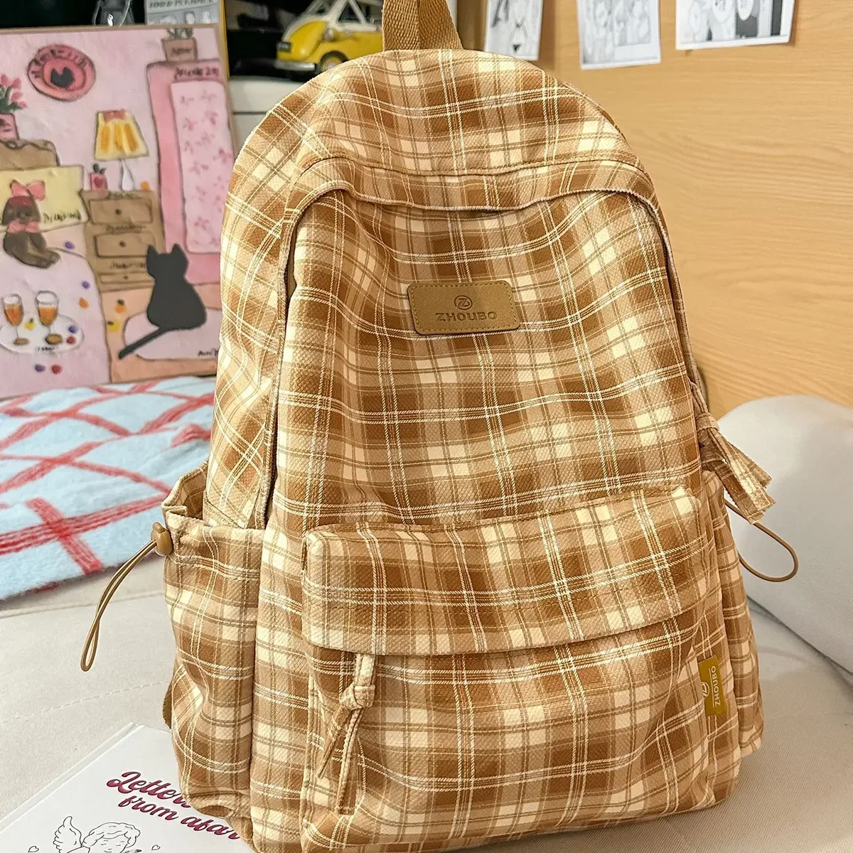 sac à dos rétro britannique à carreaux grande capacité pour filles, lycéennes, étudiantes, sac à bandoulière en nylon pour femmes