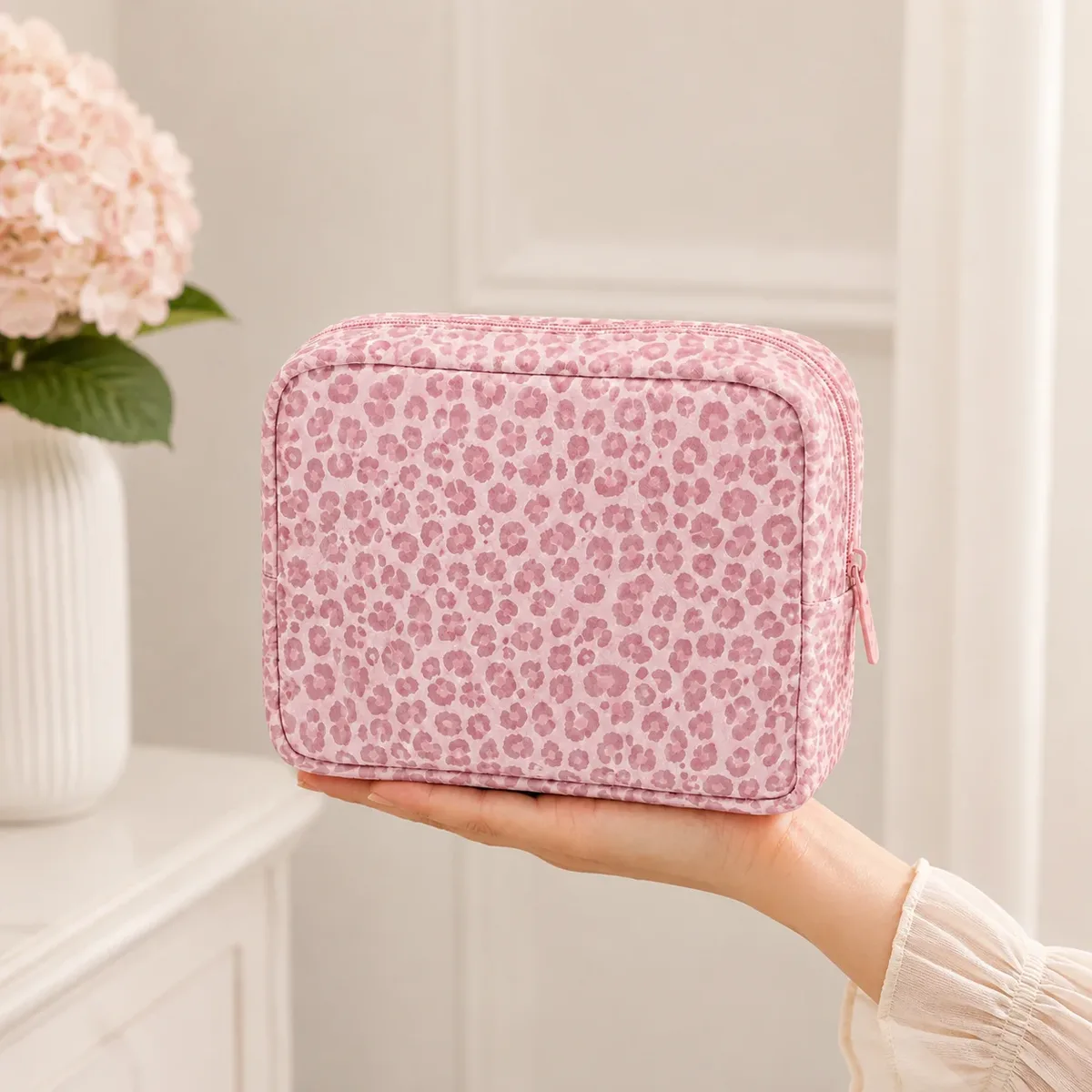 trousse à cosmétiques rose à motif léopard, trousse de maquillage souple à fermeture éclair, organiseur de toilette de voyage, pochette de beauté, étui de rangement pour cosmétiques pour femmes