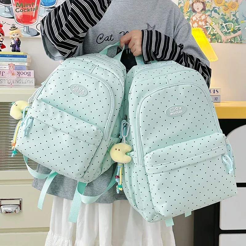 sac à dos à pois de style frais, léger, grande capacité, sac à bandoulière double pour les élèves du collège et du lycée, matériau en nylon