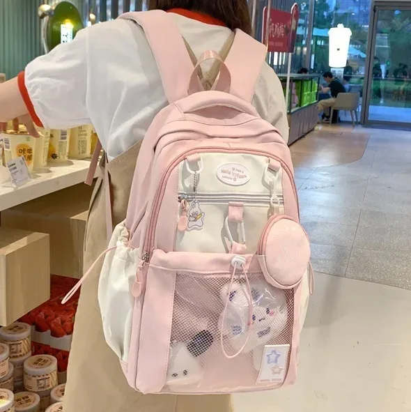 Sac à Dos d'École en Nylon Mignon pour Fille et Adolescente Cartable Multi-Poches Kawaii pour Livre et Ordinateur Portable