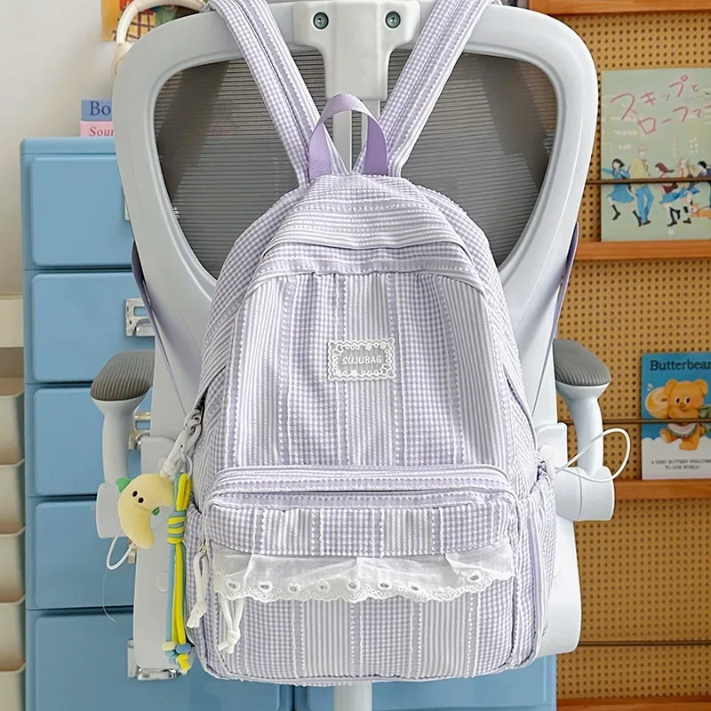 sac à dos coréen simple et esthétique en dentelle à volants, couleur unie, rayé, grande capacité, pour étudiantes, idéal pour l'école, les trajets quotidiens et les voyages