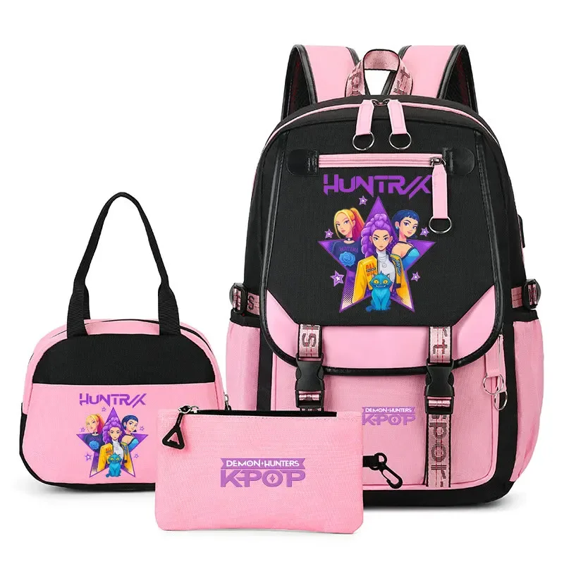 sac à dos kpop demon hunter pour adolescents, cartable de grande capacité, 3 pièces/ensemble avec sac à lunch pour femmes, étudiants, décontracté, confortable, pour voyage, mochilas