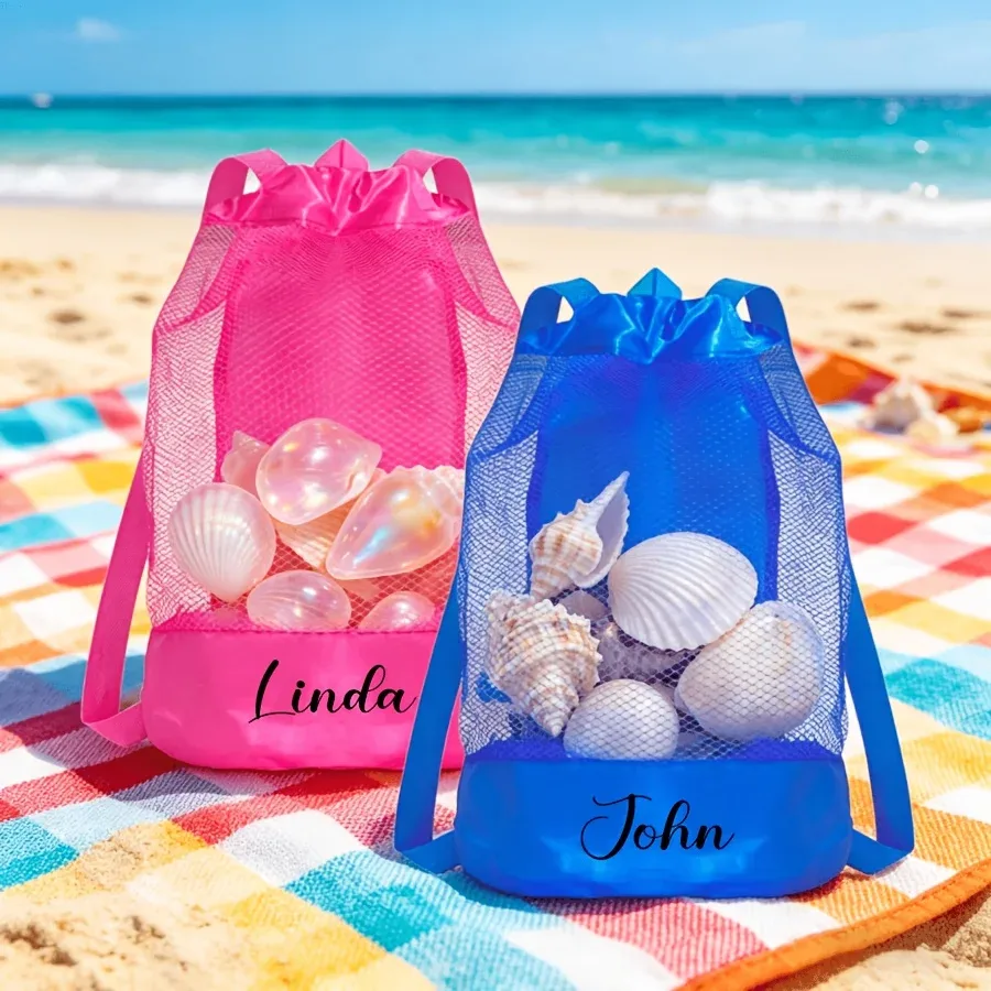 sac de plage personnalisé en filet avec cordon de serrage, sac à dos de rangement pour jouets de natation pour enfants, sac cadeau personnalisé pour les voyages d'été en bord de mer