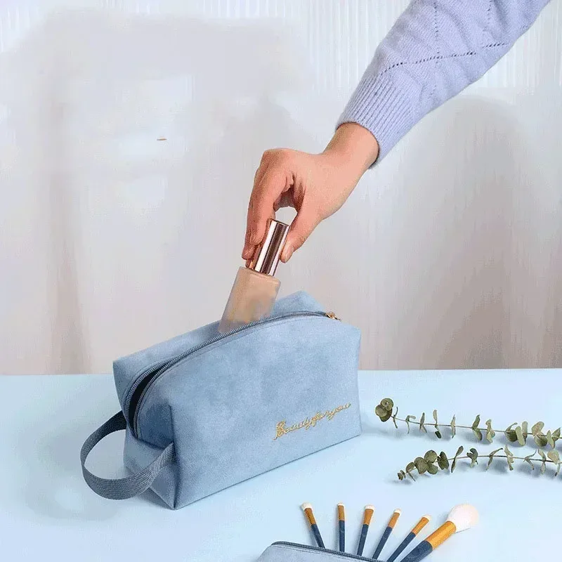 sac à cosmétiques en velours à fermeture éclair pour femme, grande trousse de maquillage de voyage, solide, pour documents, rouge à lèvres, rangement féminin