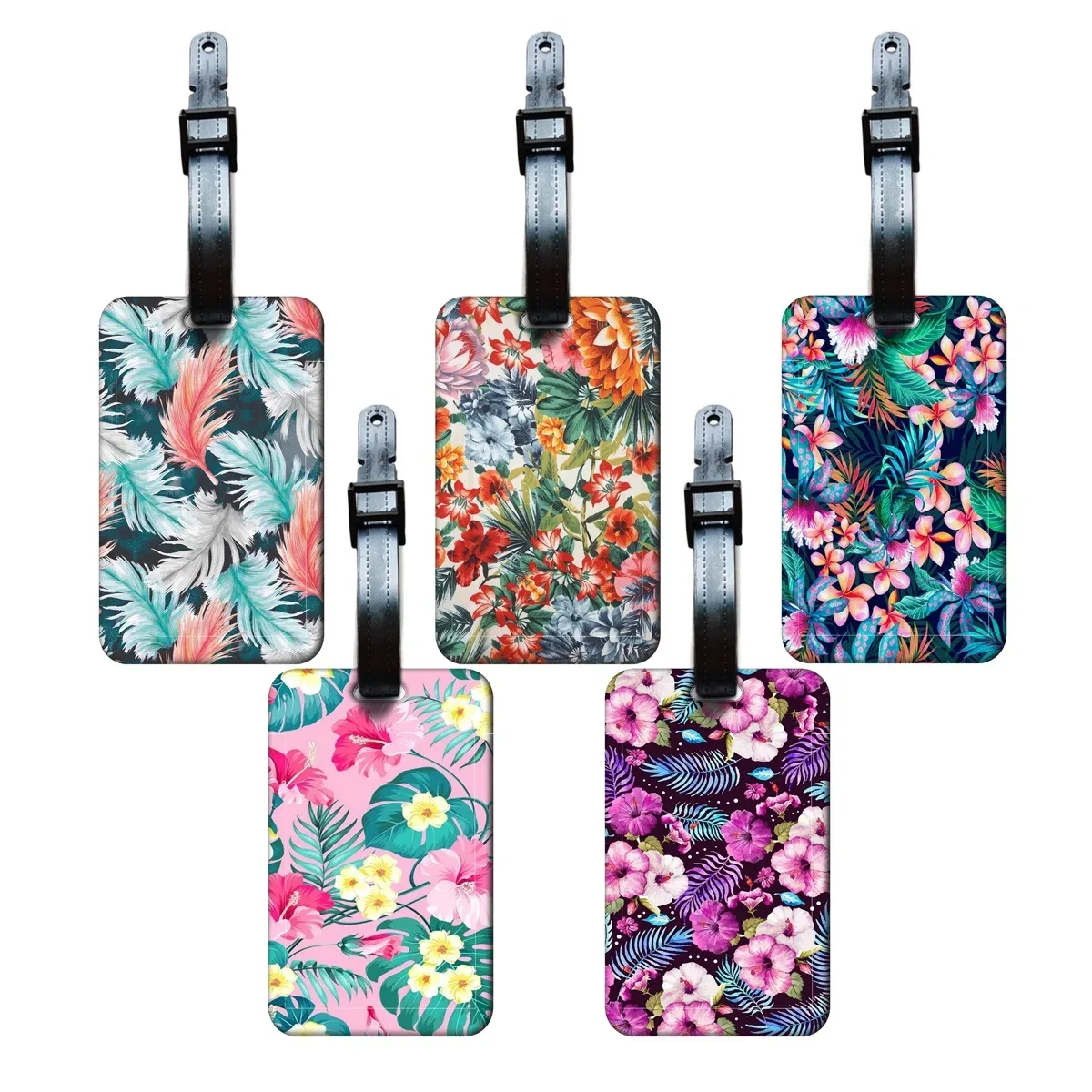 étiquette de bagage motif fleurs et plantes, plume, pour valise et sac à dos, anti-perte, porte-carte d'identi