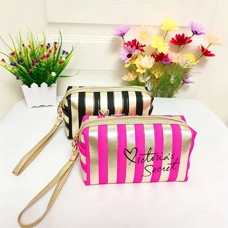 trousse de maquillage rayée imperméable en gros pour femmes, sac cosmétique de voyage avec organisateur de toilette transparent, pochette de plage à fermeture éclair