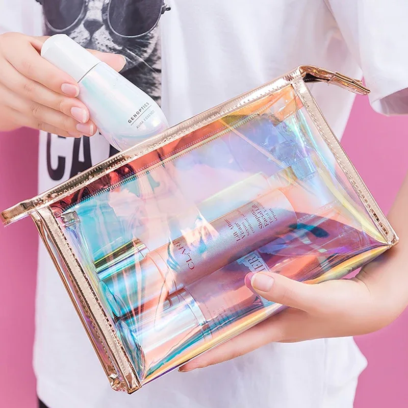 trousse de maquillage transparente en tpu pour femme, trousse cosmétique holographique colorée, trousse de maquillage transparente, trousse de voyage, évaluateurs de beauté, 1 pc