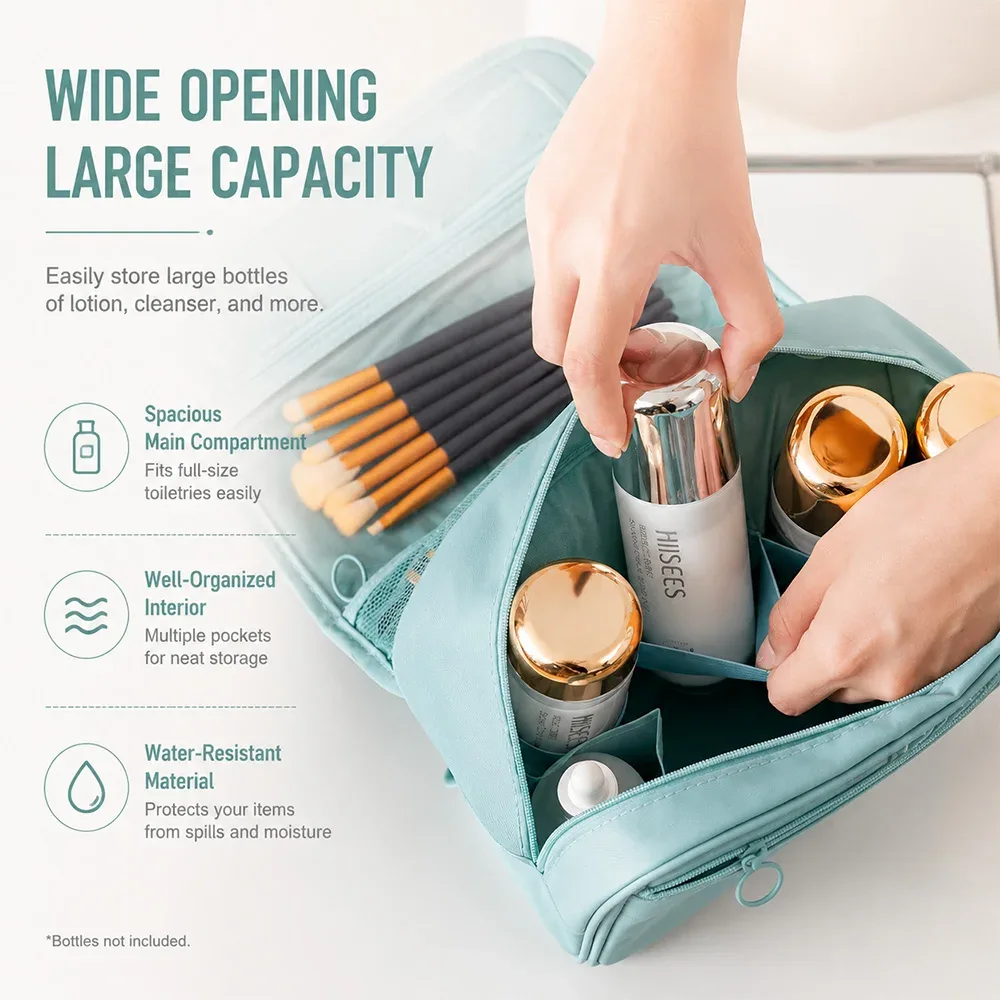 sac de toilette pliable avec crochet de voyage, sac de rangement multifonctionnel imperméable pour cosmétiques, grande capacité, sac de maquillage portable