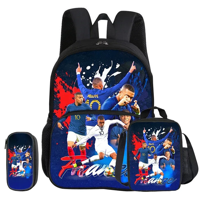 ensemble de 3 pièces m-mbappe avec sac à dos à poche avant, sac isotherme pour le déjeuner, trousse à crayons de star de football, cadeau pour enfants