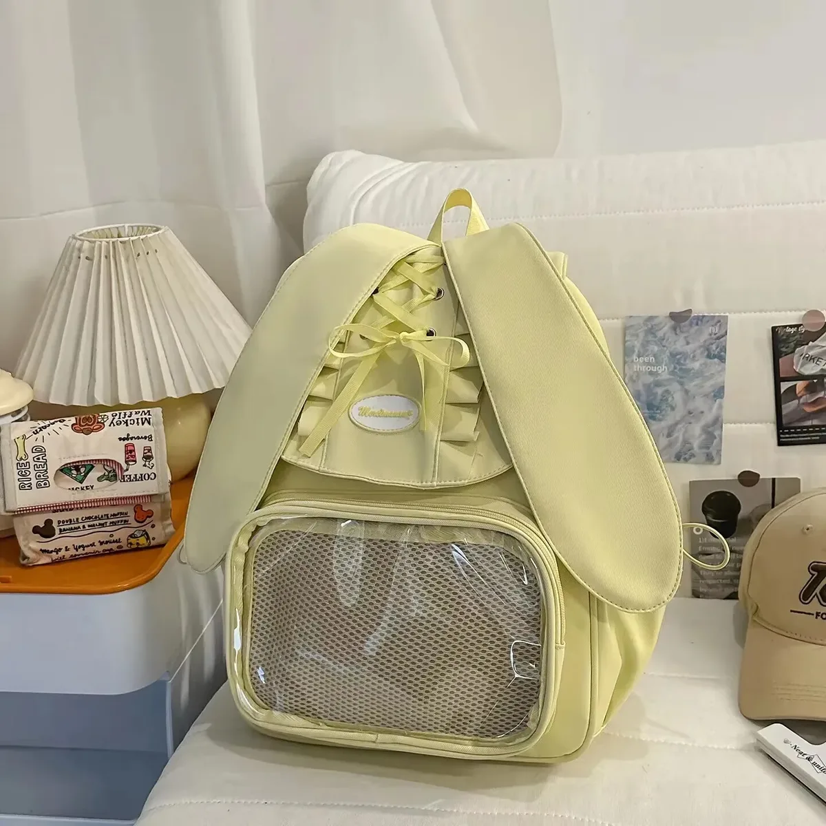 y2k bow oreille de lapin japonais ita sac à dos lolita fille sac transparent mignon haute capacité sac à dos style preppy sac à dos à volants