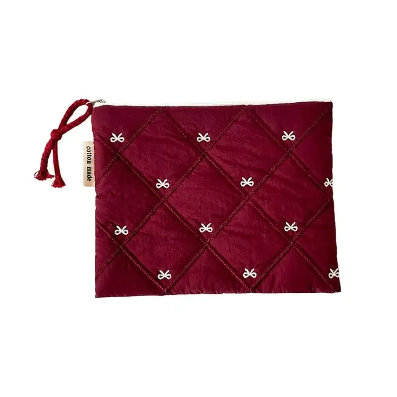 pochette cosmétique matelassée avec nœud brodé, grande capacité, multifonctionnelle, pour papeterie et stylos