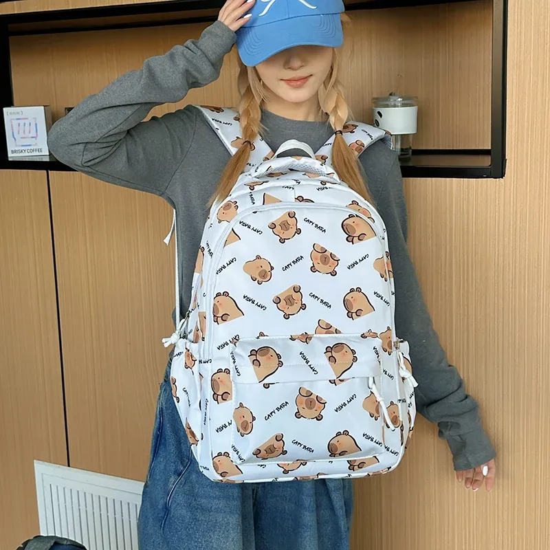 sac à dos capybara pour adolescents, grande capacité, sac à livres pour étudiants, sangle réglable, sac à dos de dessin animé, multi-poches, sac à dos simple