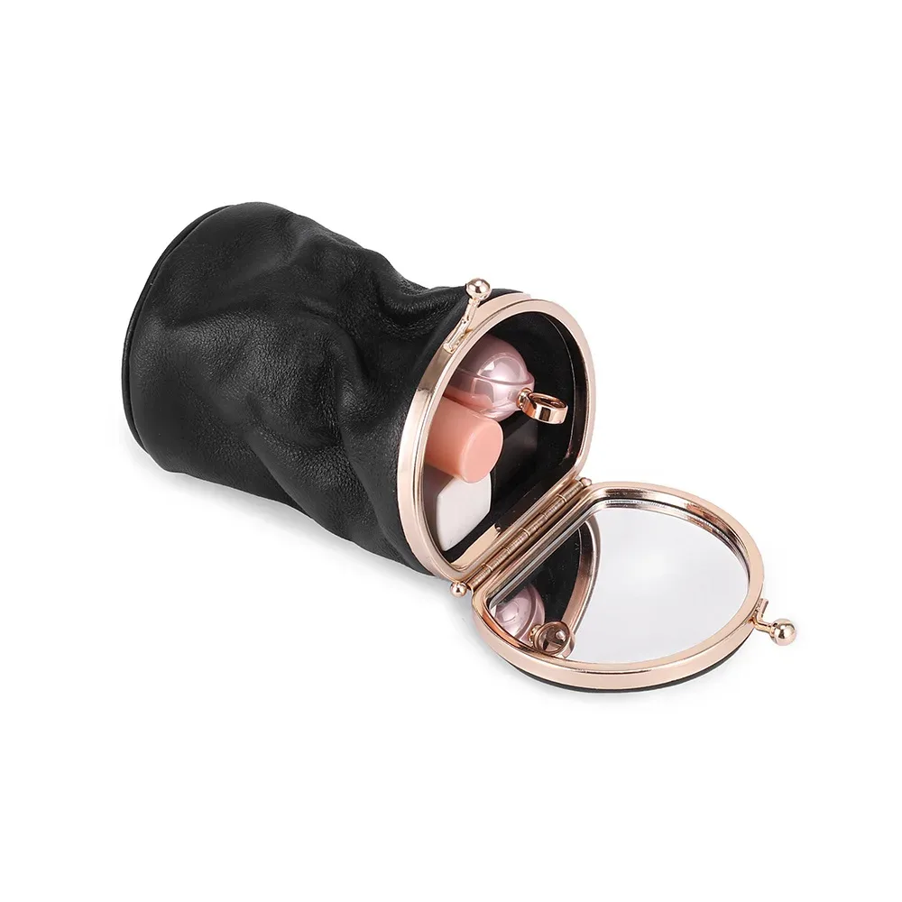 mini sac à cosmétiques en cuir pour femmes, organisateur de rouge à lèvres vintage portable avec miroir, petite pochette mignonne pour sac à main, essentiels de voyage