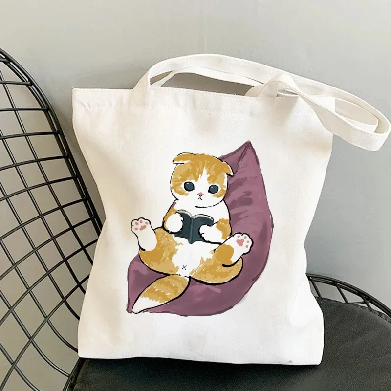 sac kawaii sac blanc sacs porté épaule sacs à provisions sacs à bandoulière en toile pour filles, sac de shopping à la mode, kawaii chats animaux mignons, sac de shopping, fourre-tout décontracté