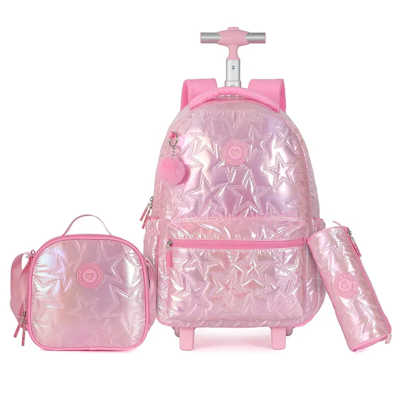 3 pièces/ensemble enfants bagages roulants sac à dos pour adolescents filles chariot de voyage sacs d'école avec roues étudiants sac à dos à roulettes