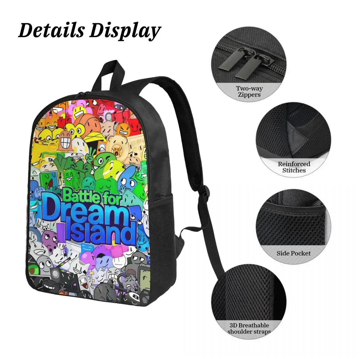 bfdi cast sac à dos étudiant garçons filles bookbag sac d'école ordinateur sacs à bandoulière 3ps sac à déjeuner isolé trousse à crayons