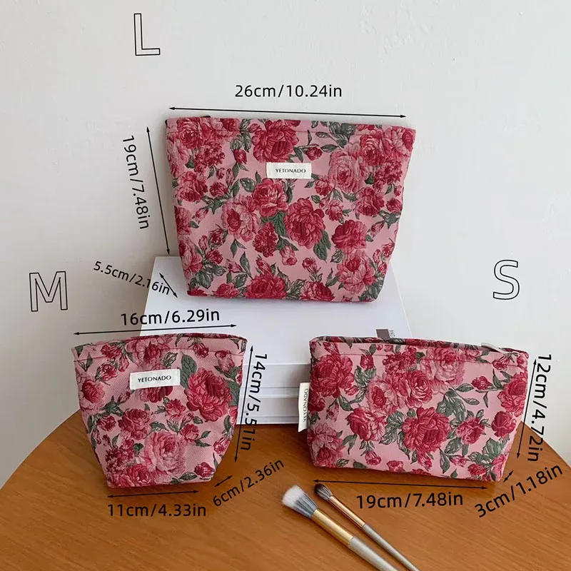 sac à cosmétiques pour femmes, étui vintage en tissu jacquard floral rouge foncé, pochette de rangement de maquillage avec fermeture éclair, petit grand sac pour brosses de toilette