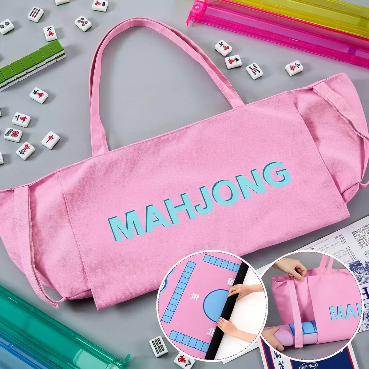 sac fourre-tout en toile, sac de transport portable pour tuiles de mahjong, sac à main pour tapis de yoga, sac à bandoulière de voyage, cadeau d'anniversaire ou de vacances pour femmes