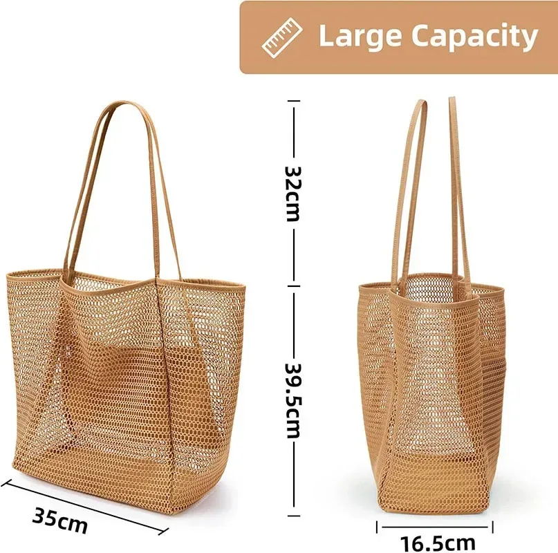 sac de plage grande capacité pour femme, pliable, en maille, sac de natation, sac à bandoulière tissé avec ouverture supérieure pour les voyages et le shopping