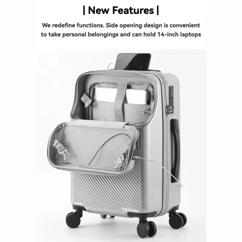 valise de poche à ouverture avant, bagages roulants de voyage, chariot en alliage d'aluminium abs + étui pour pc avec roue rotative, port de chargement usb