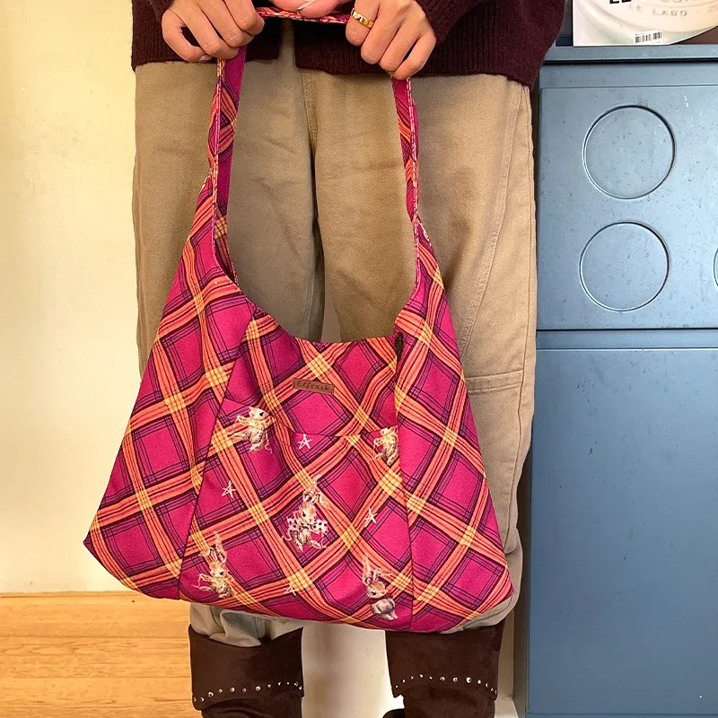 elfsack 2025 hiver nouveautés décontracté y2k dessin animé lapin couleur bloc plaid sac fourre-tout pour femme