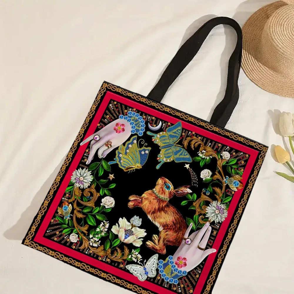 sac fourre-tout en tissu de lin pour femmes, sac de shopping vintage floral lapin dessin animé lapin graphique