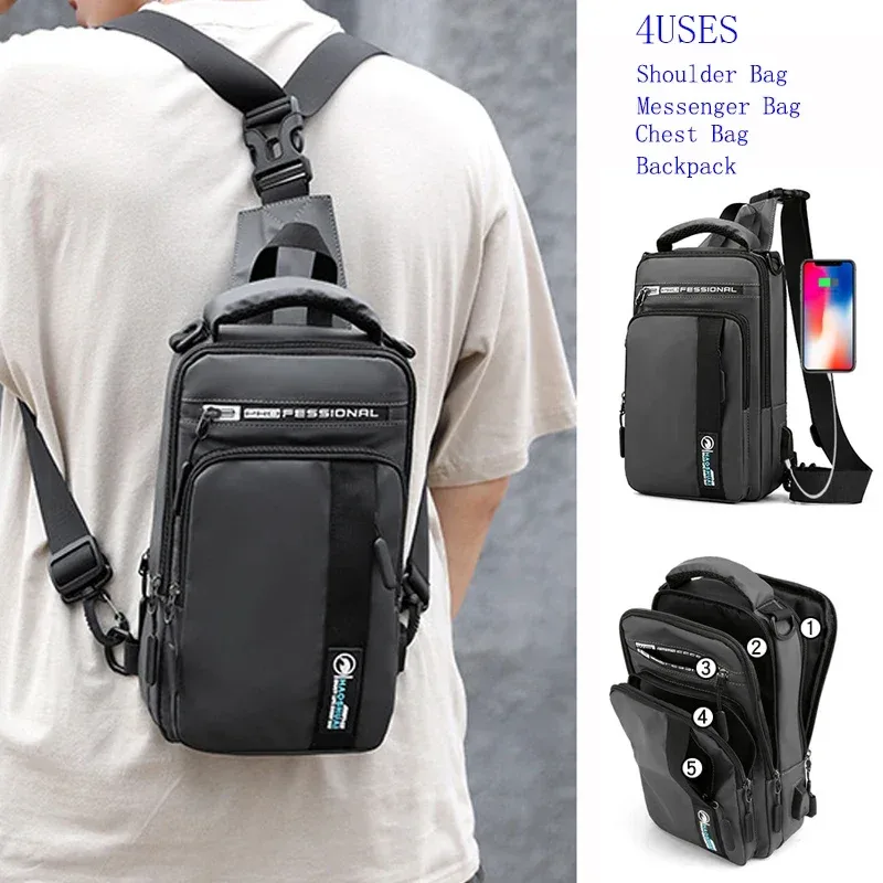 Petit sac à dos poitrine sac à bandoulière pour hommes avec Port de chargement USB voyage mâle Nylon fronde messager sac à dos sacs à bandoulière