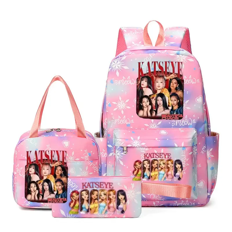 sacs à dos katseye à imprimé amusant, ensemble de 3 pièces, sacs d'école en nylon pour ordinateur portable pour femmes, pour adolescentes, garçons, étudiants, enfants, kawaii
