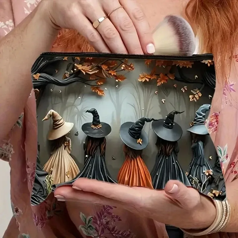 trousse de maquillage sur le thème des sorcières, sacs à cosmétiques soleil et lune foncés avec fermeture à glissière, trousse de toilette de voyage pliable, usage quotidien pour halloween