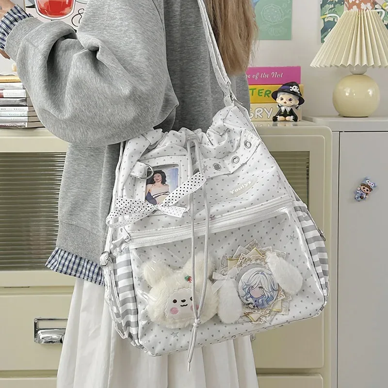 sac à dos ita mignon à pois avec cordon de serrage et poche transparente pour pince, sac multifonctionnel pour l'école, les trajets et les sorties