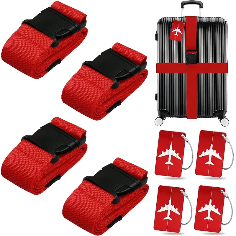 ensemble de 8 sangles de bagages multicolores + ensemble d'étiquettes de bagages avec motif avion : sangle haute résistance pour renforcer la valise et l'empêcher de s'ouvrir + étiquettes d'identification pour identifier avec précision les bagages, adaptées pour le contrôle à l'aéroport, les voyages, la rentrée scolaire des étudiants, les voyages d'affaires, etc. indispensable pour les passionnés de voyage, les navetteurs et les étudiants internationaux pour organiser leurs bagages (sangles faciles à fixer + étiquettes de bagages imperméables et résistantes à l'usure)