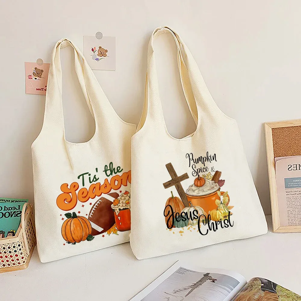 Sac à bandoulière imprimé Pumpkin Spice & Jesus Christ, automne, Thanksgiving, Halloween, sacs en toile, sac à main fourre-tout festif, cadeau pour elle