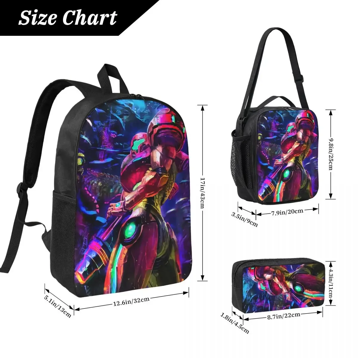 Sac à dos Samus Aran Metroid pour étudiants, garçons et filles, sac d'école, sacs à bandoulière pour ordinateur, 3 pièces, sac à déjeuner isotherme, trousse à crayons