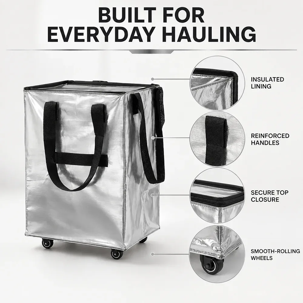 sac de transport à roulettes grande capacité, pliable, réutilisable, sac de courses, organisateur de rangement portable 40x30x50cm