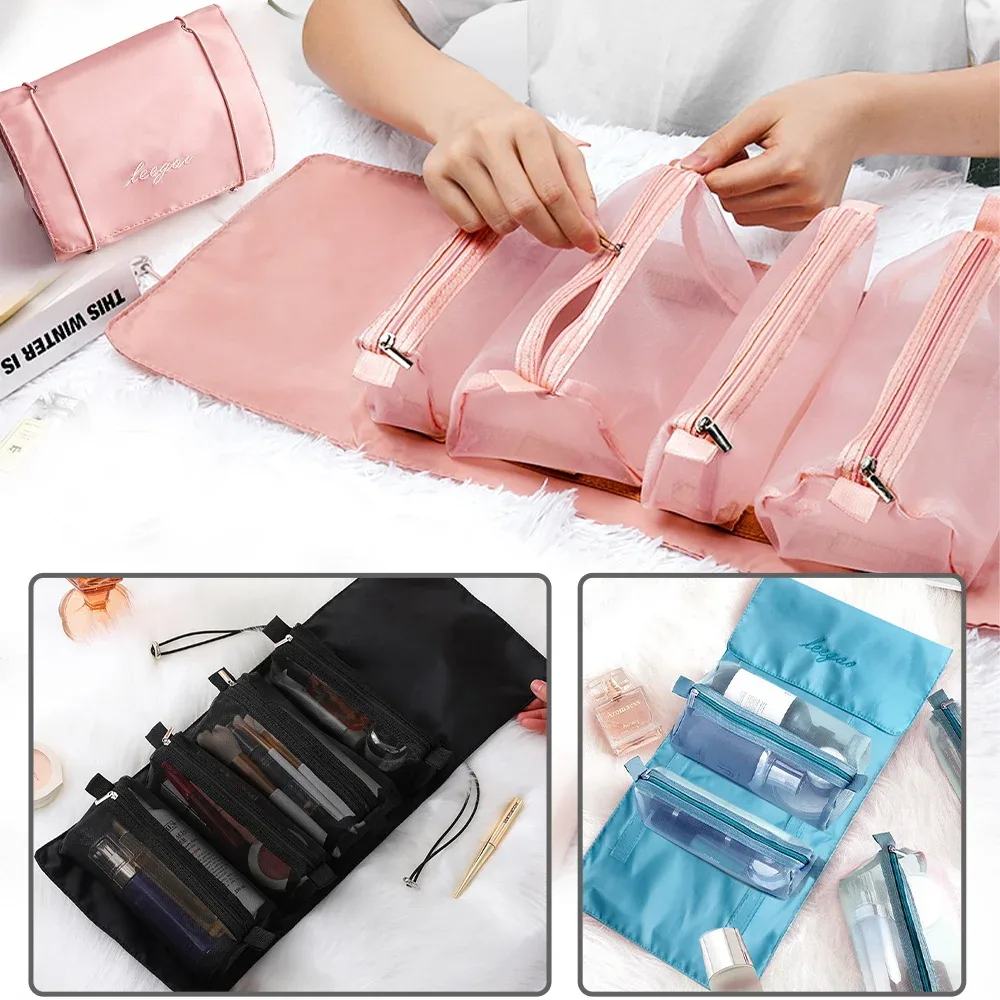 trousse à cosmétiques en maille 4 en 1, trousse de maquillage pliable, trousse de maquillage portable, trousse de toilette de voyage, trousse de rangement pour rouge à lèvres, poudres, évaluation, nouveau