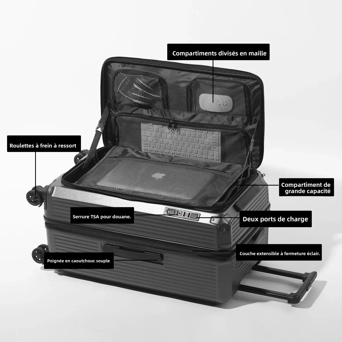 valise pc multifonctionnelle extensible avec serrure tsa, port usb type-c, roues antichoc, ouverture frontale, bagage cabine à roulettes