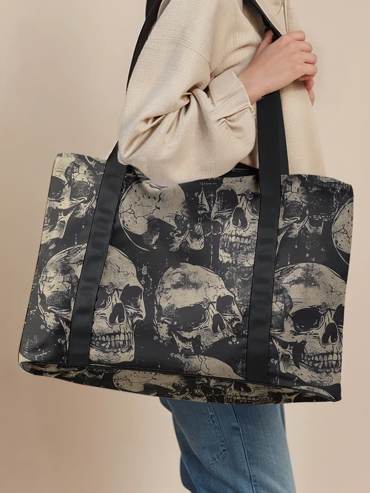 grand sac fourre-tout vintage à imprimé crâne, sac à main à bandoulière, avec larges sangles de rangement pour les voyages, la plage, le shopping, la salle de sport et les trajets quotidiens