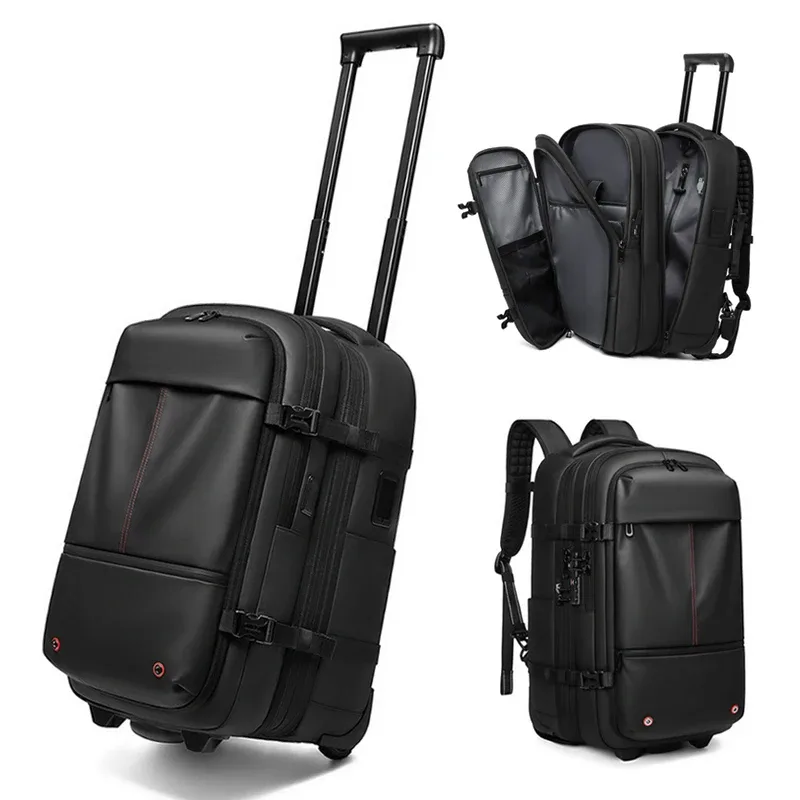 Sac à dos de voyage à roulettes avec pompe de compression sous vide pour homme, sac à dos à roulettes, bagages à roulettes pour l'embarquement.
