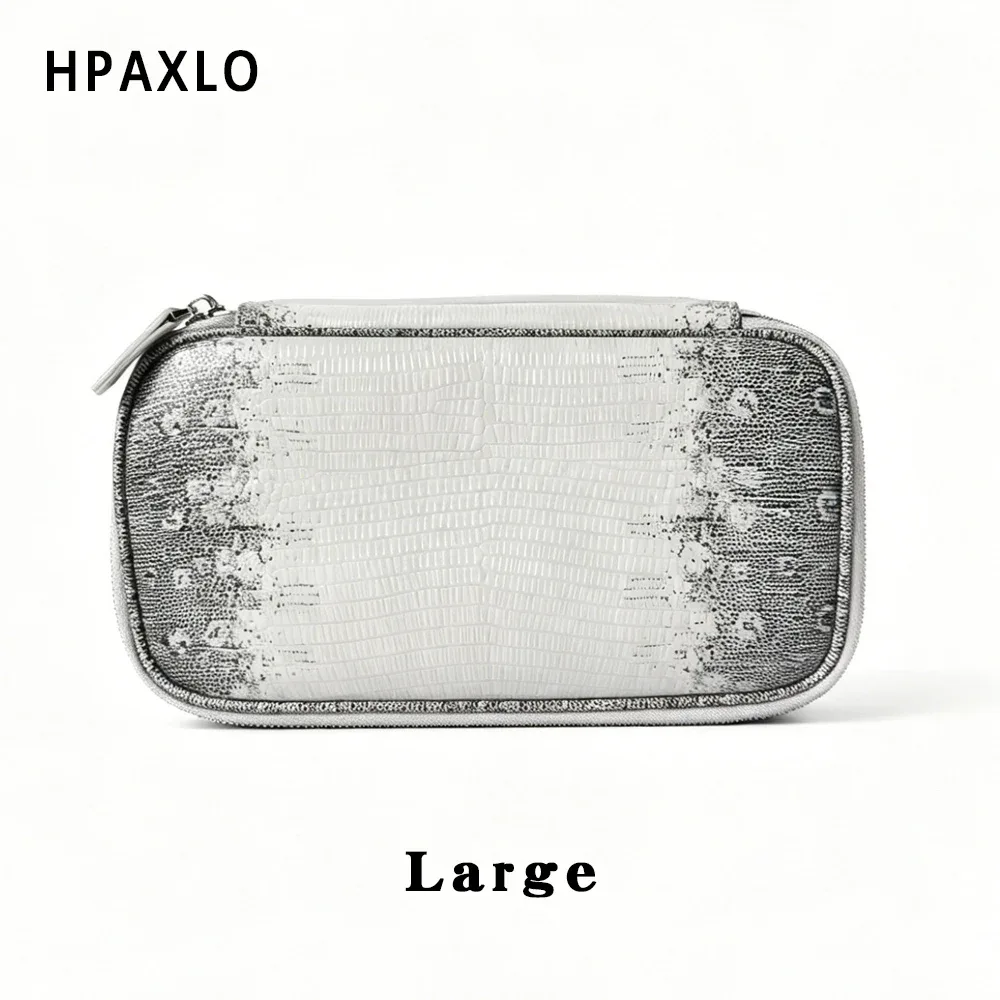 trousse de maquillage quotidienne en cuir de vachette grain lézard teinte himalaya pour femmes, légère et durable avec fermeture éclair