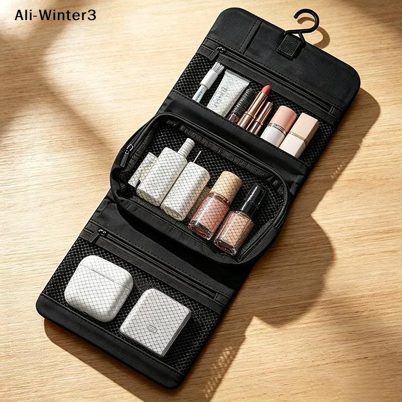 【y】trousse de toilette pliable, grande capacité avec crochet, sac de rangement pour articles de toilette pour hommes en voyage d'affaires, sac de voyage pour cosmétiques pour femmes