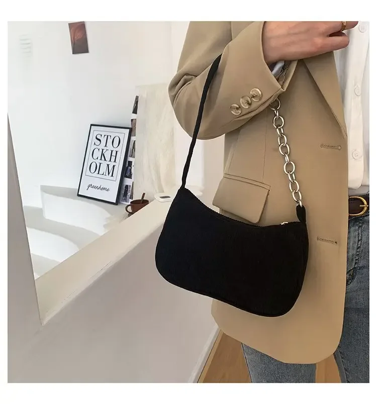 sac sous les bras en velours côtelé pour femmes, sacs à bandoulière décontractés, pochette de shopping sous les aisselles pour téléphone, fermeture éclair, pochette