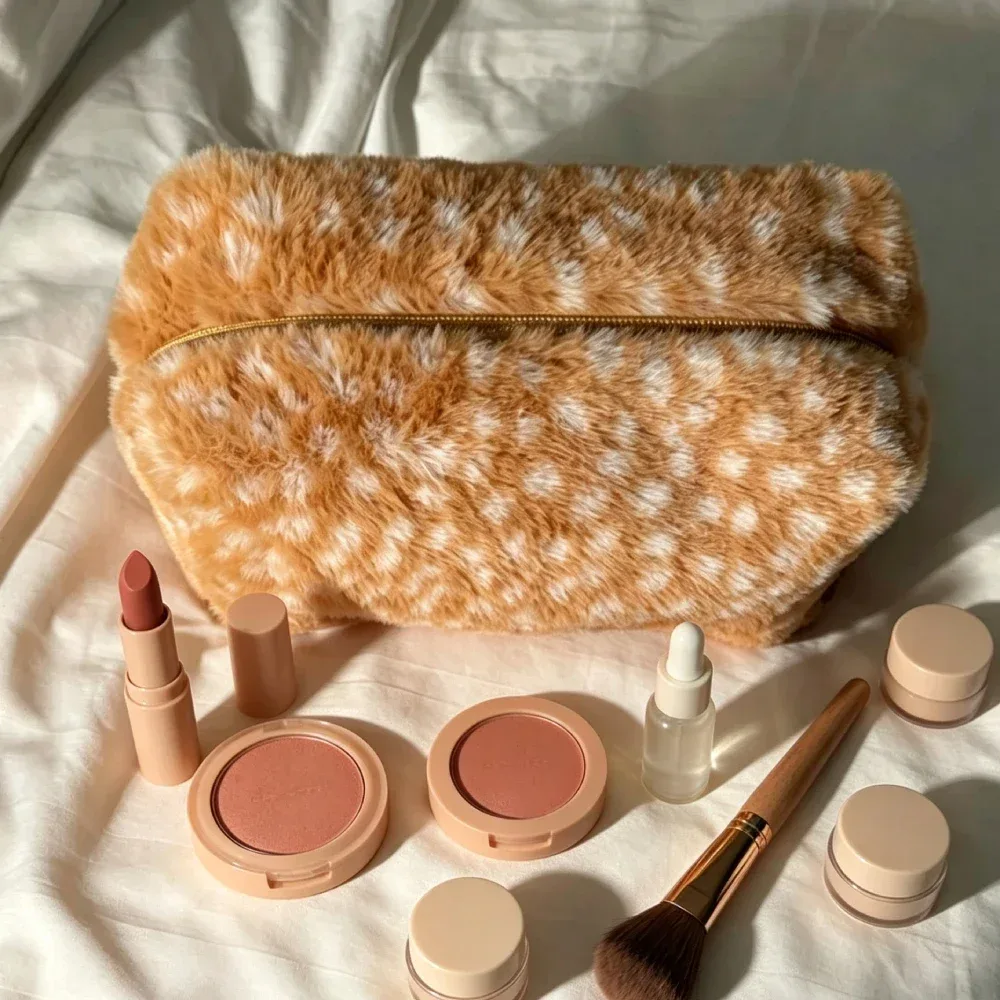 sac de rangement pour maquillage, pochette de rangement pour cosmétiques en peluche moelleuse à imprimé léopard, trousse de toilette pour femme automne/hiver, pochette de soirée