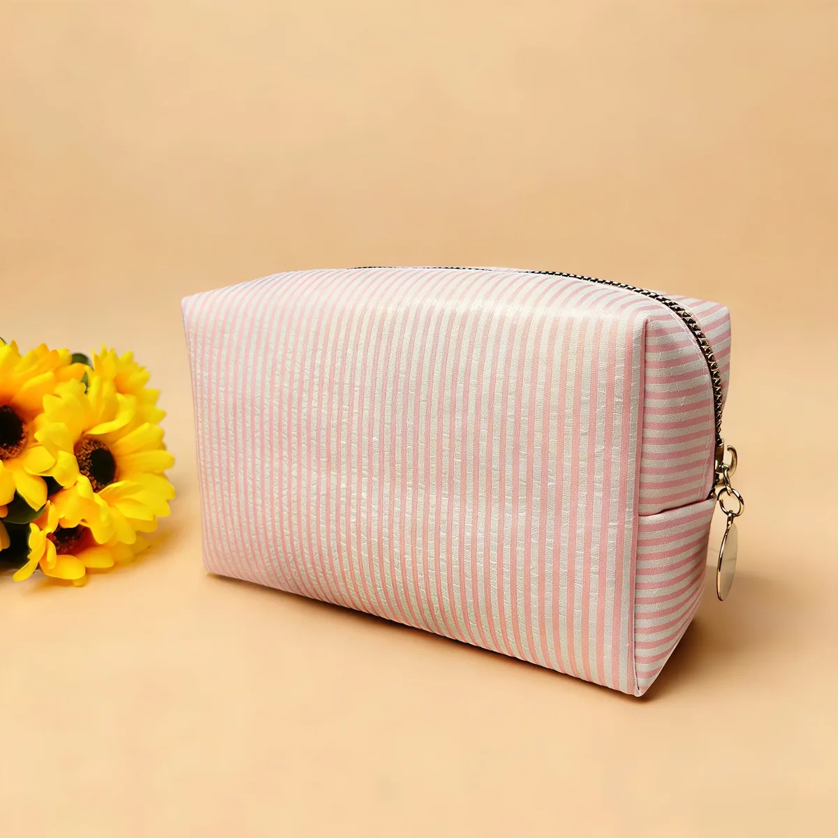 grande trousse de maquillage pour femmes en soie bulle à rayures roses, sac de rangement pour articles de toilette, sac diy pour collations et serviettes hygiéniques