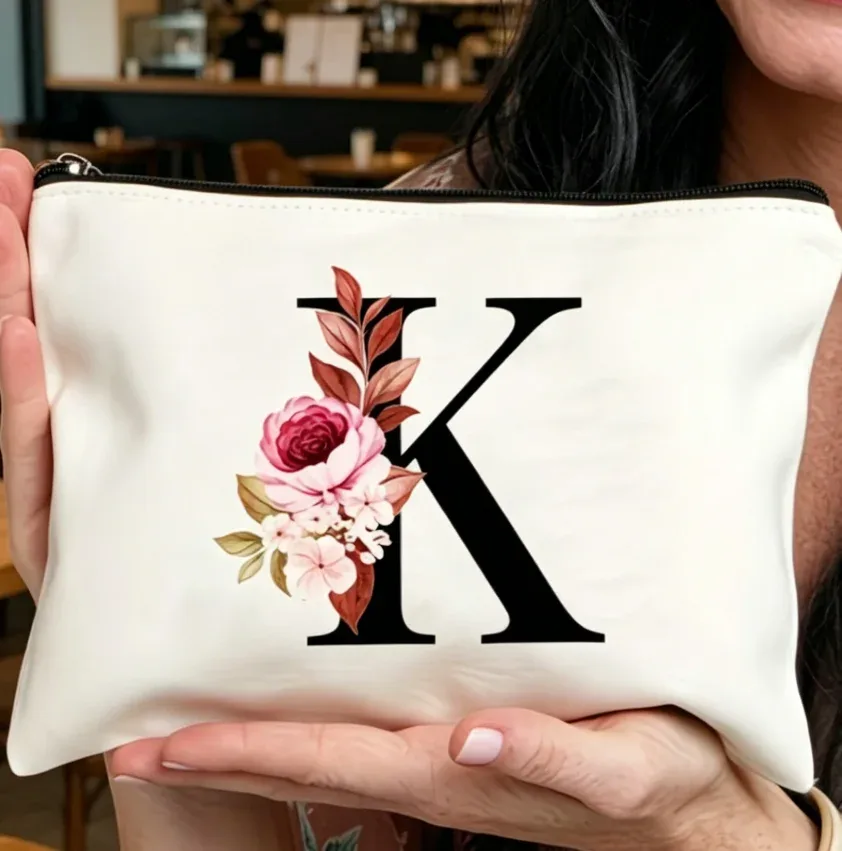 sac à fermeture éclair élégant avec motif de lettres et de fleurs, trousse de maquillage polyvalente, trousse à cosmétiques légère pour femmes a-z, 1 pièce