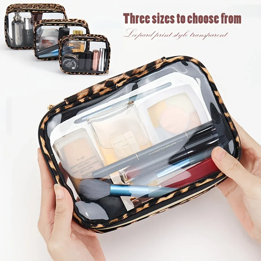 Trousse de maquillage transparente à imprimé léopard, trousse cosmétique étanche de grande capacité pour voyage avec fermeture éclair