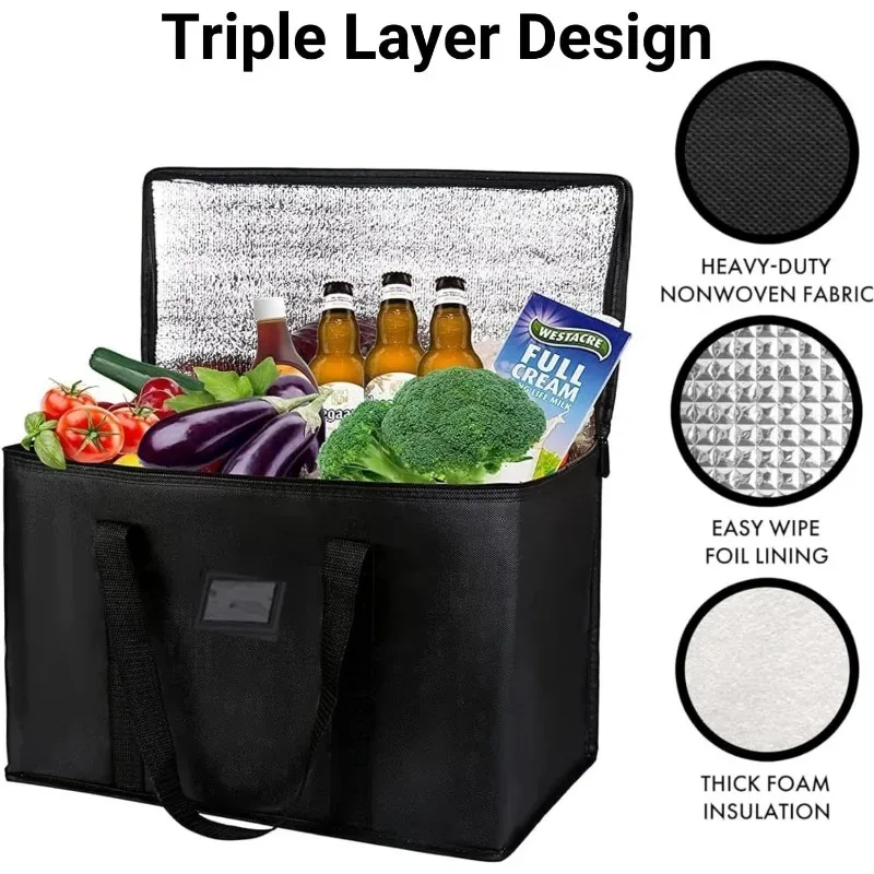Sac isotherme pour livraison de nourriture, grande capacité, sac isotherme thermique 43×30×31cm, sac de rangement étanche pour épicerie, pour restauration et pique-nique