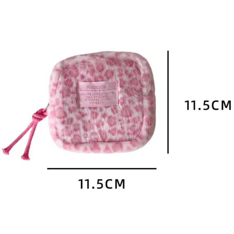 pochette cosmétique carrée en peluche à imprimé léopard, sac portable pour serviettes hygiéniques, petite trousse de maquillage, porte-monnaie à fermeture éclair pour étudiants, porte-cartes